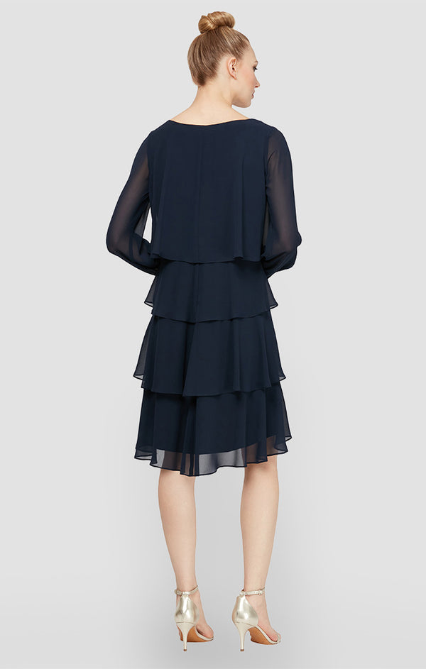 S.L. Fashions Long Sleeve Tiered Chiffon Cocktail Dress With Rhinestone Beaded Cuffs