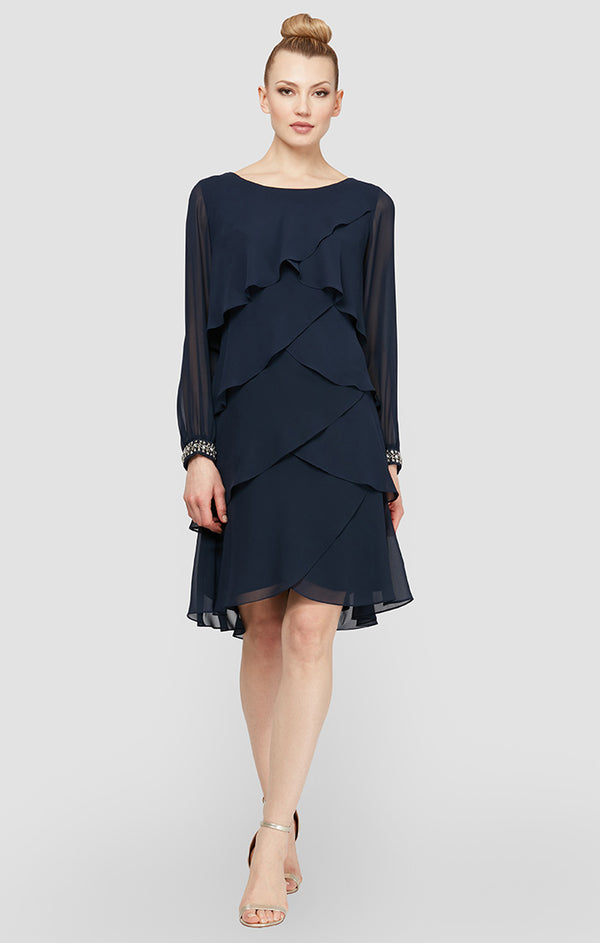 S.L. Fashions Long Sleeve Tiered Chiffon Cocktail Dress with Rhinestone Beaded Cuffs