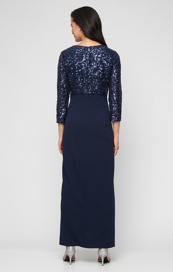 S.L. Fashions Long Stretch Sequin Empire Waist Dress With V-Neckline And Scuba Crepe Cascade Detail Skirt