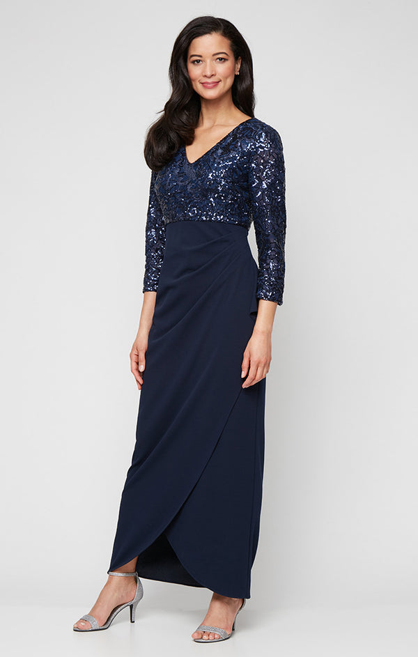 S.L. Fashions Long Stretch Sequin Empire Waist Dress with V-Neckline and Scuba Crepe Cascade Detail Skirt S.L. Fashions Long Stretch Sequin Empire Waist Dress with V-Neckline and Scuba Crepe Cascade Detail Skirt