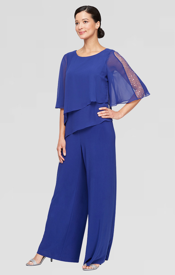S.L. Fashions Matte Jersey Jumpsuit With Chiffon Double Tier Overlay Bodice And Embellished Sleeves