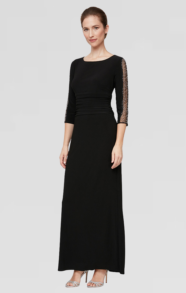 S.L. Fashions Matte Jersey Long Dress with Embellished 3/4 Sleeve Detail