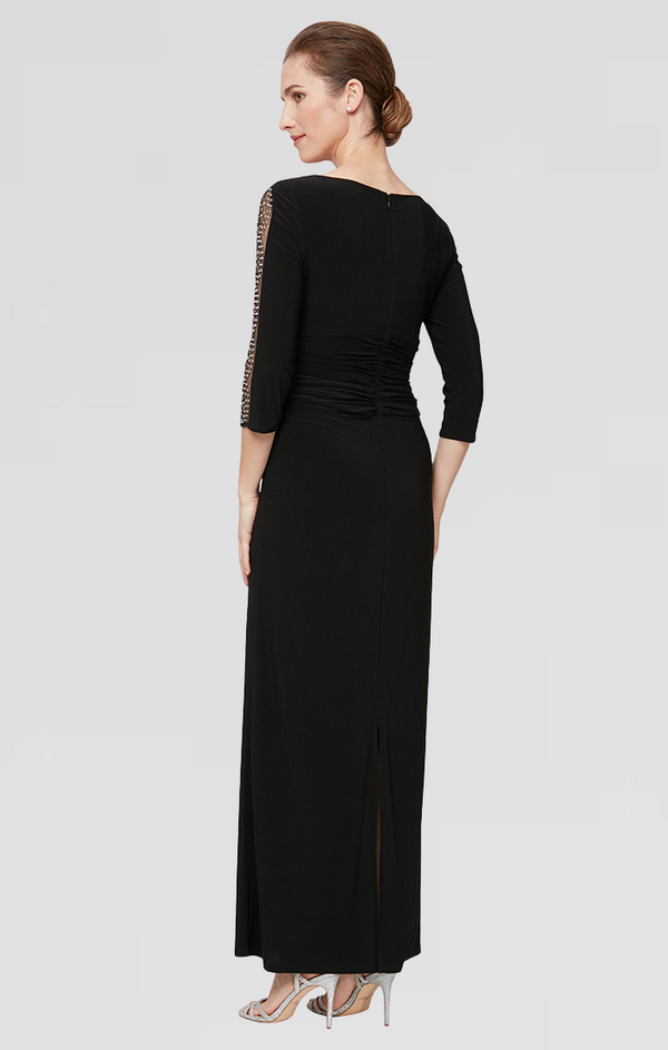 S.L. Fashions Matte Jersey Long Dress With Embellished 3/4 Sleeve Detail