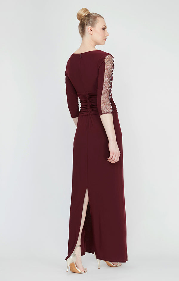 S.L. Fashions Matte Jersey Long Dress With Embellished 3/4 Sleeve Detail