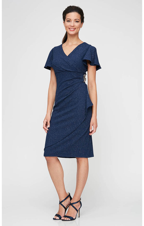 S.L. Fashions Metallic Knit Sheath Dress with Short Flutter Sleeves