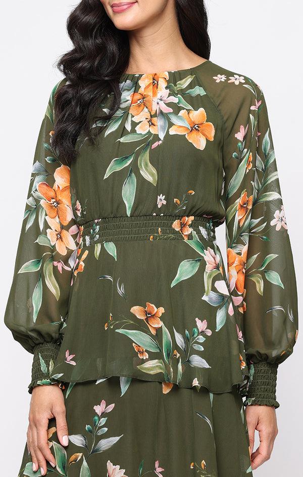 S.L. Fashions Midi Printed Chiffon Dress With Smocked Waist And Tiered Skirt