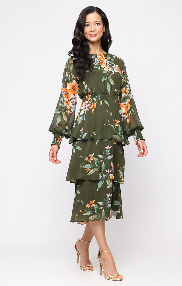 S.L. Fashions Midi Printed Chiffon Dress with Smocked Waist and Tiered Skirt