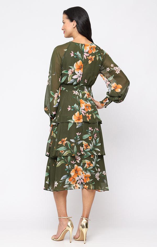 S.L. Fashions Midi Printed Chiffon Dress With Smocked Waist And Tiered Skirt