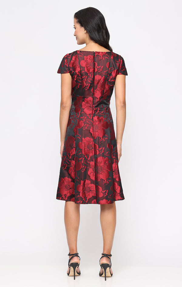 S.L. Fashions Midi Printed Jacquard A-Line Dress With Scoop Neckline And Cap Sleeves