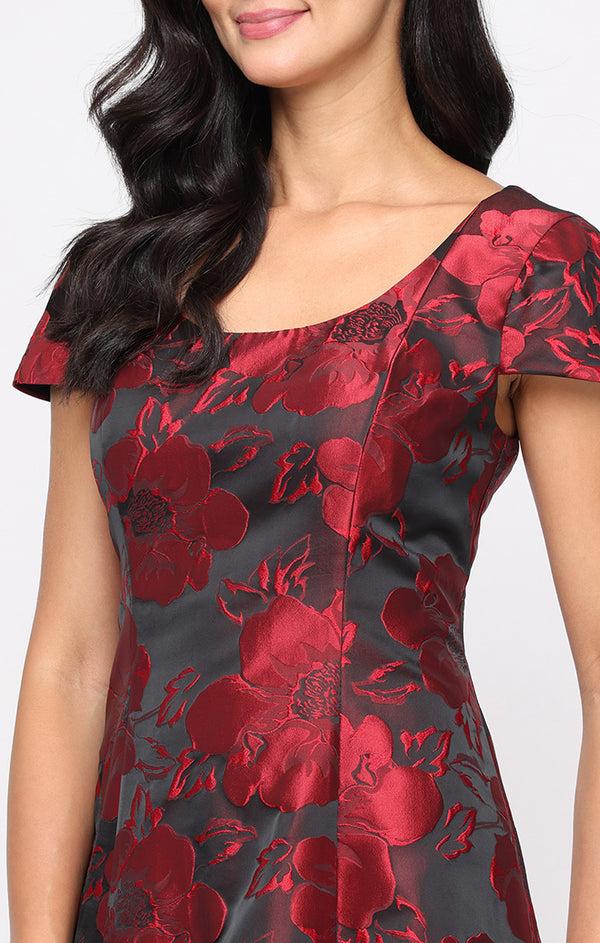 S.L. Fashions Midi Printed Jacquard A-Line Dress With Scoop Neckline And Cap Sleeves