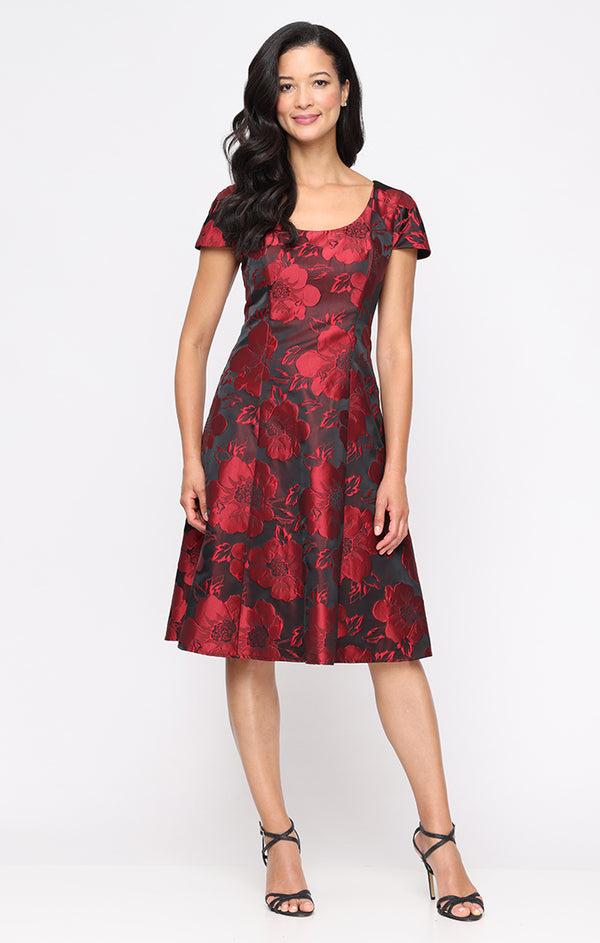 S.L. Fashions Midi Printed Jacquard A-Line Dress with Scoop Neckline and Cap Sleeves