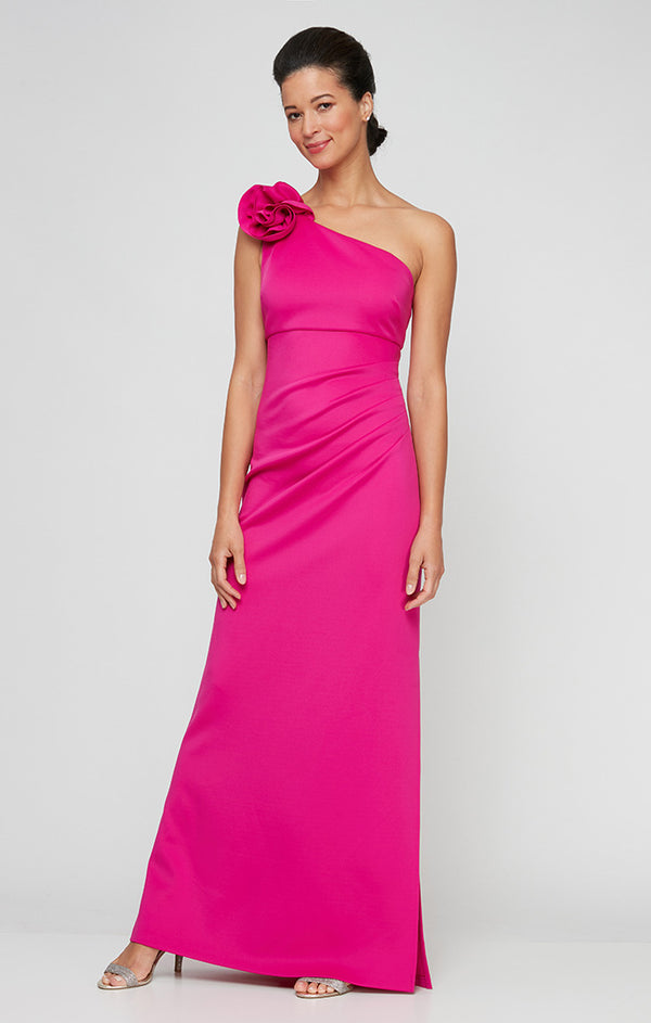 S.L. Fashions One Shoulder Compression Dress with 3D Floral Shoulder Detail