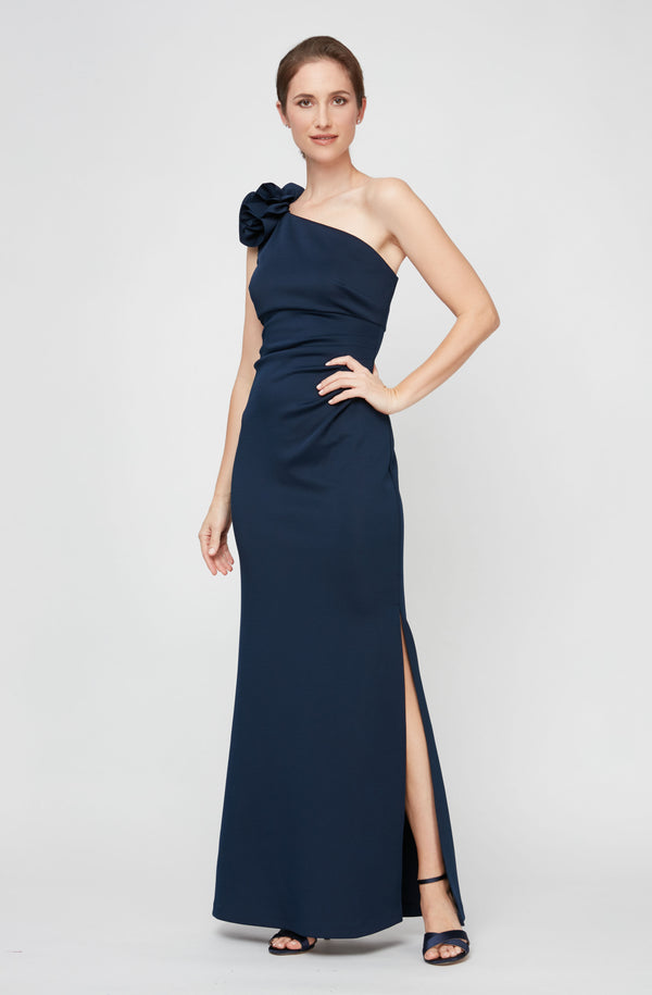 S.L. Fashions One Shoulder Compression Dress with 3D Floral Shoulder Detail