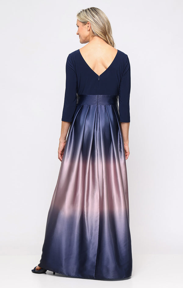 S.L. Fashions Petite 3/4 Sleeve Matte Jersey & Ombre Satin Ballgown