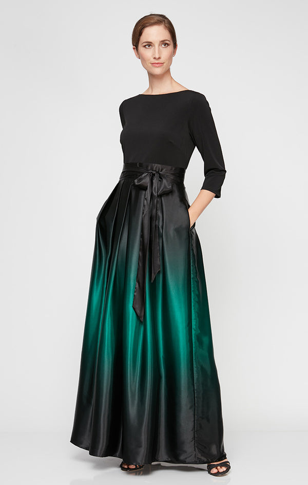 S.L. Fashions Petite 3/4 Sleeve Matte Jersey & Ombre Satin Ballgown
