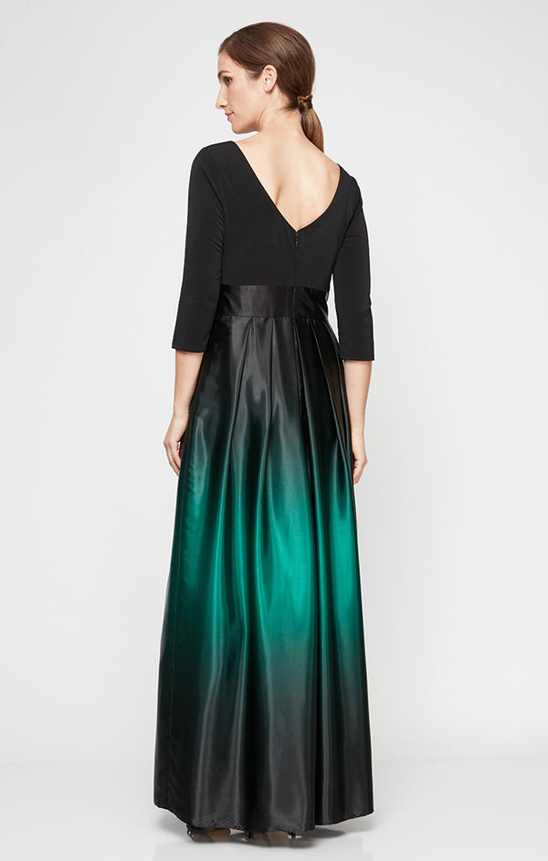 S.L. Fashions Petite 3/4 Sleeve Matte Jersey & Ombre Satin Ballgown