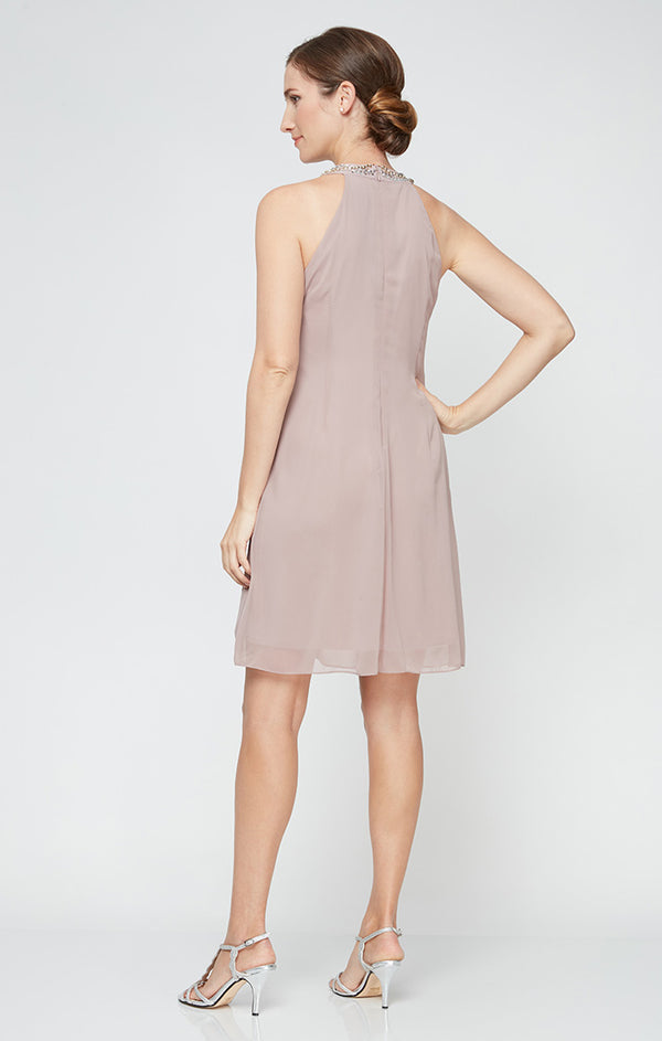 S.L. Fashions Petite - Beaded Neckline Chiffon Dress With Cascade Ruffle Detail