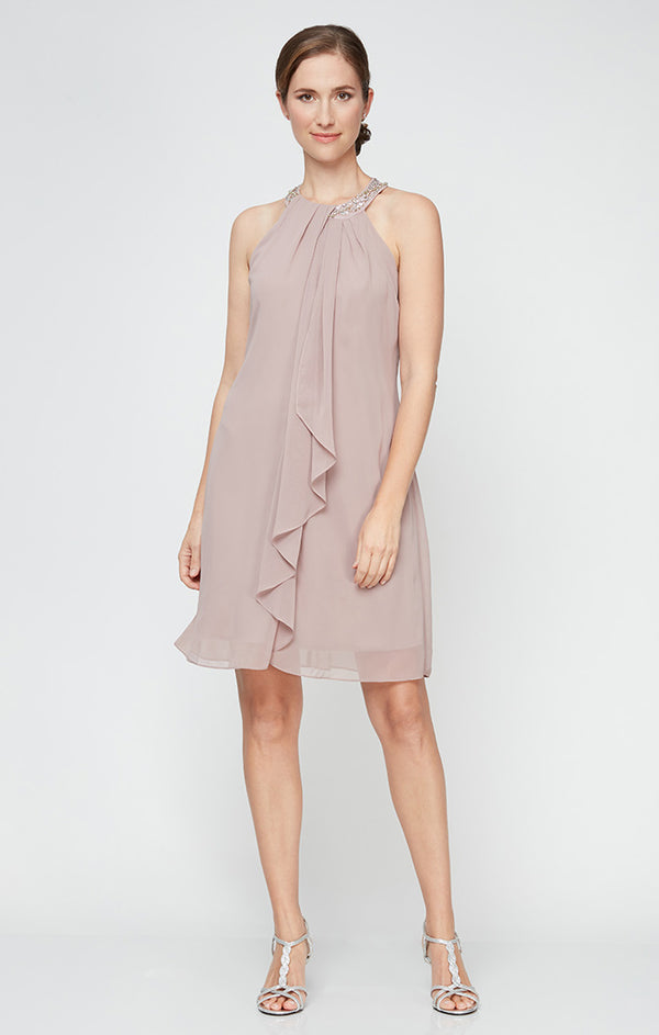S.L. Fashions Petite - Beaded Neckline Chiffon Dress with Cascade Ruffle Detail