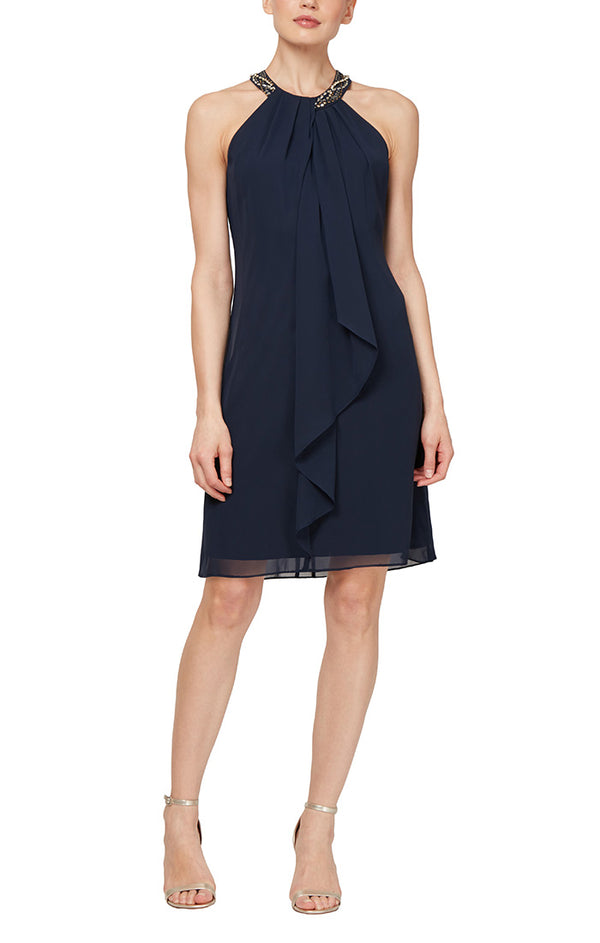S.L. Fashions Petite - Beaded Neckline Chiffon Dress with Cascade Ruffle Detail