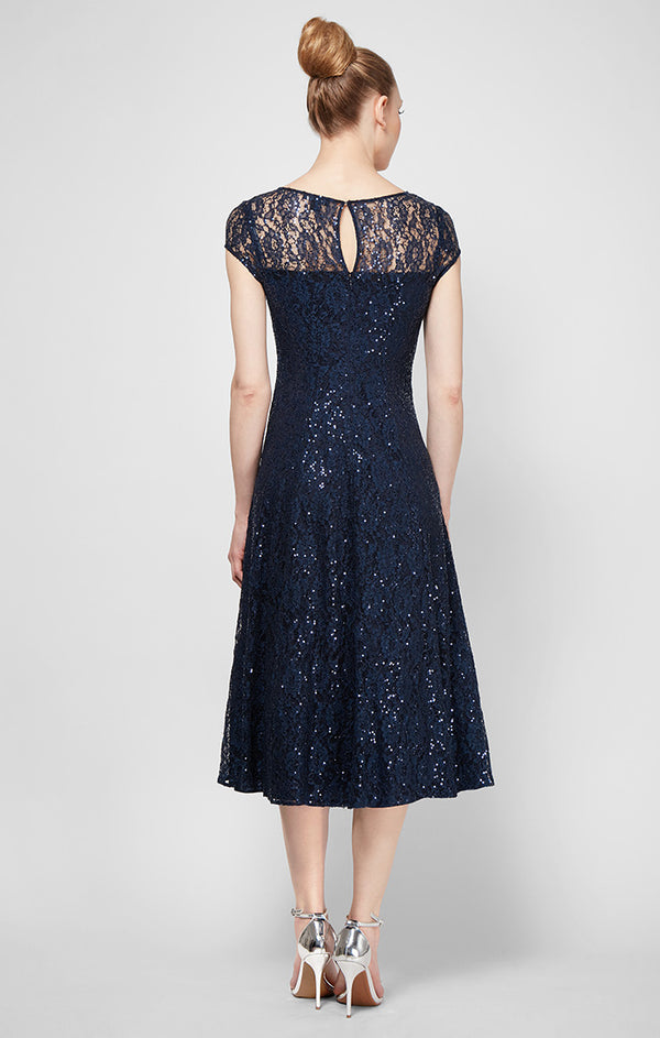 S.L. Fashions Petite Cap Sleeve Tea-Length Lace Party Dress