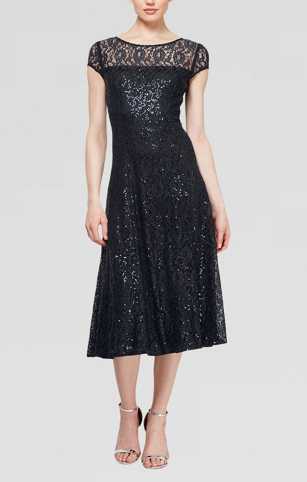 S.L. Fashions Petite Cap Sleeve Tea-Length Lace Party Dress