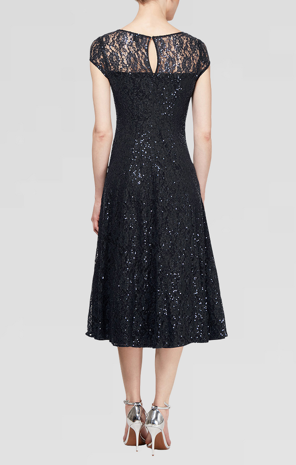 S.L. Fashions Petite Cap Sleeve Tea-Length Lace Party Dress