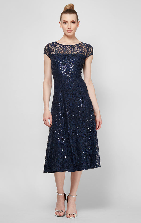 S.L. Fashions Petite Cap Sleeve Tea-Length Lace Party Dress S.L. Fashions Petite Cap Sleeve Tea-Length Lace Party Dress