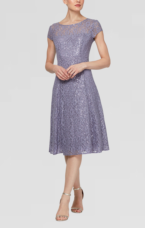 S.L. Fashions Petite Cap Sleeve Tea-Length Lace Party Dress