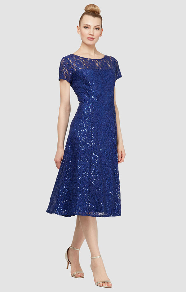 S.L. Fashions Petite Cap Sleeve Tea-Length Lace Party Dress