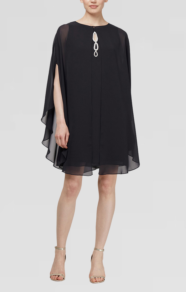 S.L. Fashions Petite Chiffon Cocktail Dress with Beaded Neck and Capelet