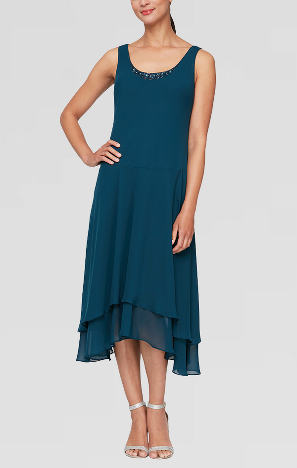 S.L. Fashions Petite - Chiffon Jacket Dress With Beaded Shoulder Detail & Tiered Skirt