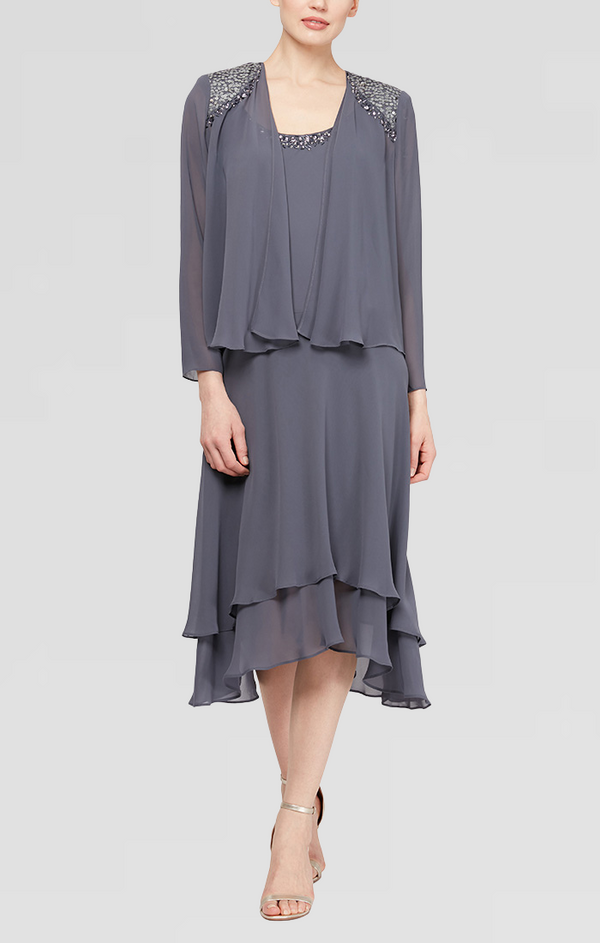 S.L. Fashions Petite - Chiffon Jacket Dress With Beaded Shoulder Detail & Tiered Skirt