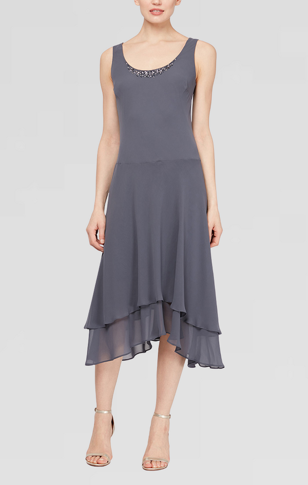 S.L. Fashions Petite - Chiffon Jacket Dress With Beaded Shoulder Detail & Tiered Skirt