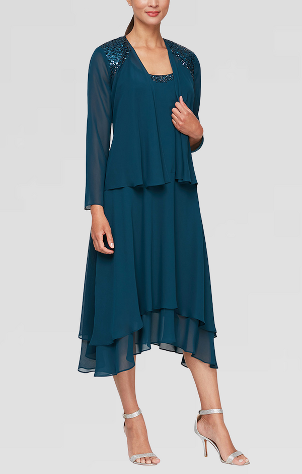 S.L. Fashions Petite - Chiffon Jacket Dress with Beaded Shoulder Detail & Tiered Skirt