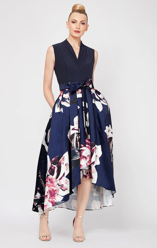 S.L. Fashions Petite Cocktail Dress with High-Low Floral Printed Mikado Silk Skirt
