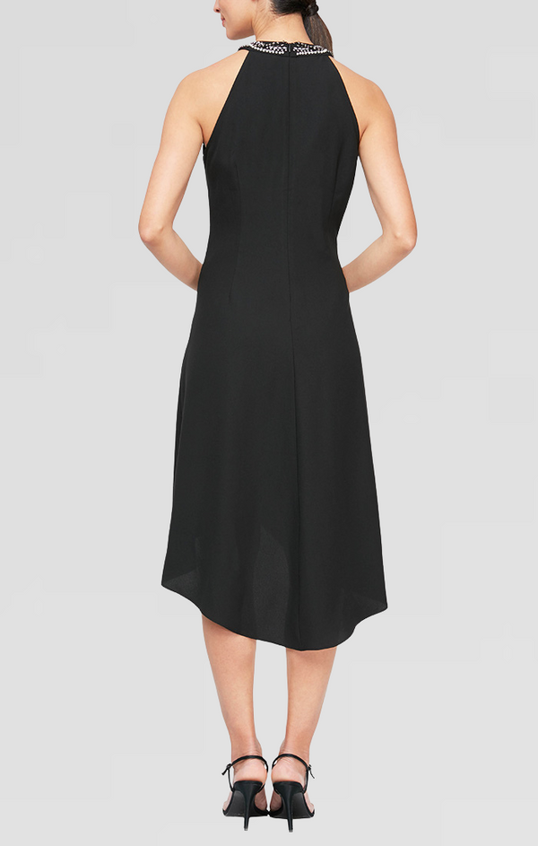 S.L. Fashions Petite - Crepe Cocktail Dress With Beaded Neckline And Ruffle Front Detail