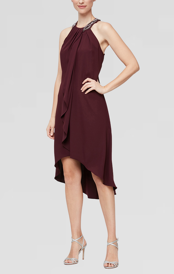 S.L. Fashions Petite - Crepe Cocktail Dress With Beaded Neckline And Ruffle Front Detail