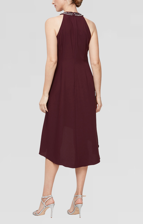S.L. Fashions Petite - Crepe Cocktail Dress With Beaded Neckline And Ruffle Front Detail
