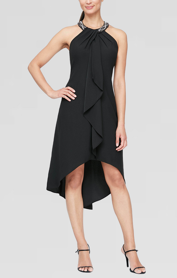 S.L. Fashions Petite - Crepe Cocktail Dress with Beaded Neckline and Ruffle Front Detail