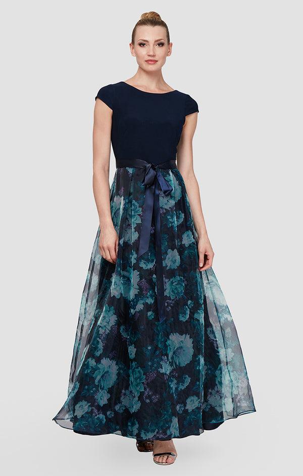 S.L. Fashions Petite Gown with Printed Organza Skirt Satin Tie Bow and Solid Cap Sleeve Bodice