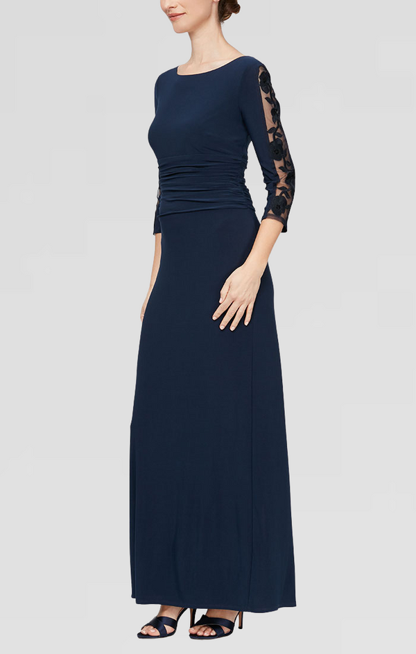 S.L. Fashions Petite - Jersey Dress with Ruched Waist and Illusion 3/4 Sleeves