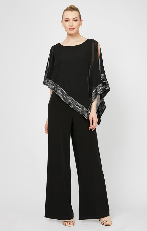 S.L. Fashions Petite Jersey Jumpsuit with Asymmetrical Chiffon Cape with Foil Trim