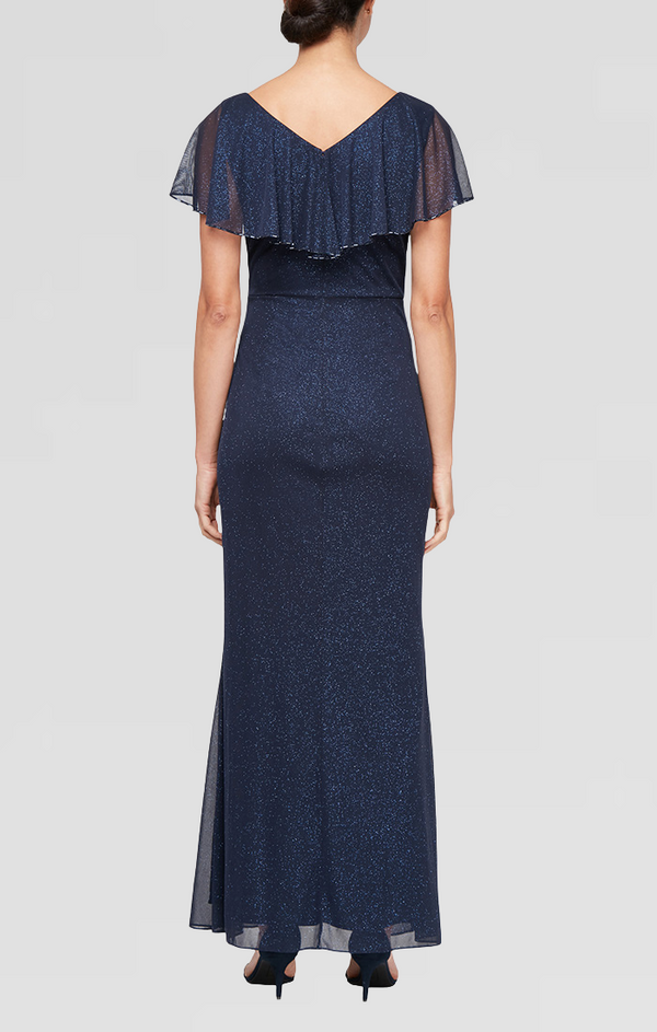 S.L. Fashions Petite Long Capelet Dress With Cascade Detail Skirt And Bugle Bead Detail