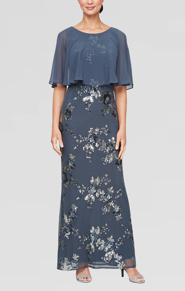 S.L. Fashions Petite Long Dress with Overlay Bodice and Sequin Detail