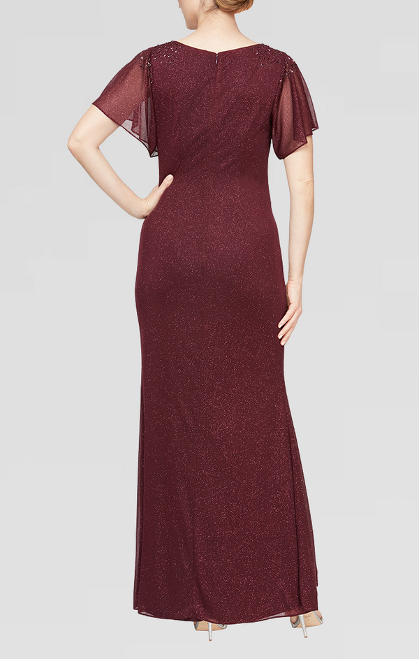 S.L. Fashions Petite Long Fit And Flare Dress With Illusion Flutter Sleeves Embellishment Detail At Shoulders And Front Slit