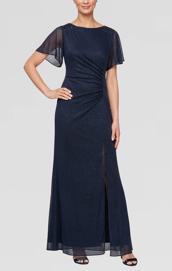 S.L. Fashions Petite Long Fit And Flare Dress With Illusion Flutter Sleeves Embellishment Detail At Shoulders And Front Slit