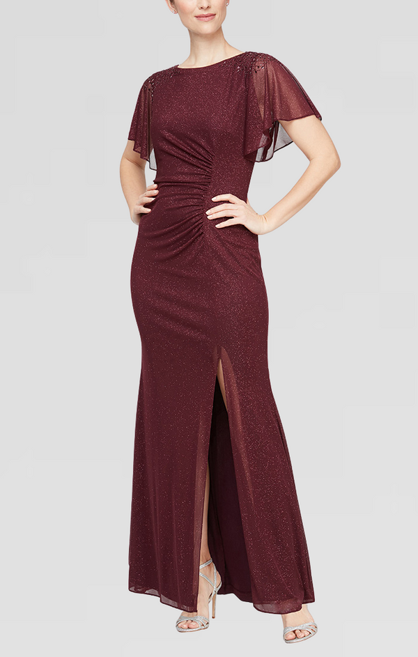 S.L. Fashions Petite Long Fit and Flare Dress With Illusion Flutter Sleeves Embellishment Detail at Shoulders and Front Slit