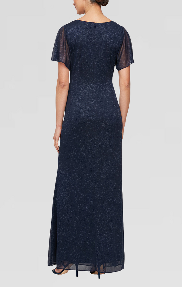 S.L. Fashions Petite Long Fit And Flare Dress With Illusion Flutter Sleeves Embellishment Detail At Shoulders And Front Slit