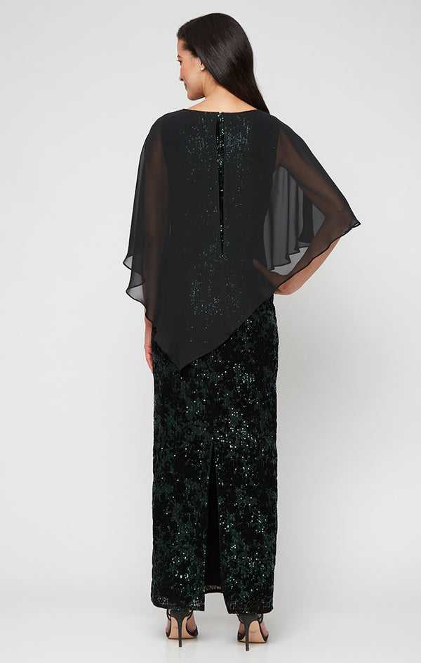 S.L. Fashions Petite - Long Flocked Sequin Column Dress With Asymmetric Chiffon V-Neck Overlay