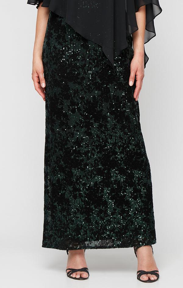 S.L. Fashions Petite - Long Flocked Sequin Column Dress With Asymmetric Chiffon V-Neck Overlay